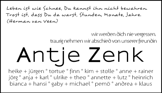 Traueranzeige von Antje Zenk von Hannoversche Allgemeine Zeitung/Neue Presse