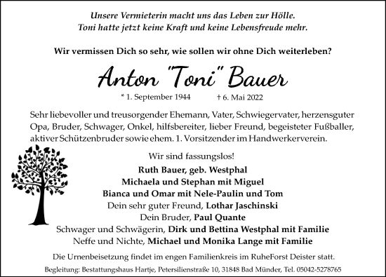Traueranzeige von Anton Bauer von Hannoversche Allgemeine Zeitung/Neue Presse