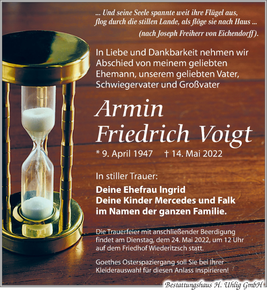 Traueranzeige von Armin Friedrich Voigt von Leipziger Volkszeitung