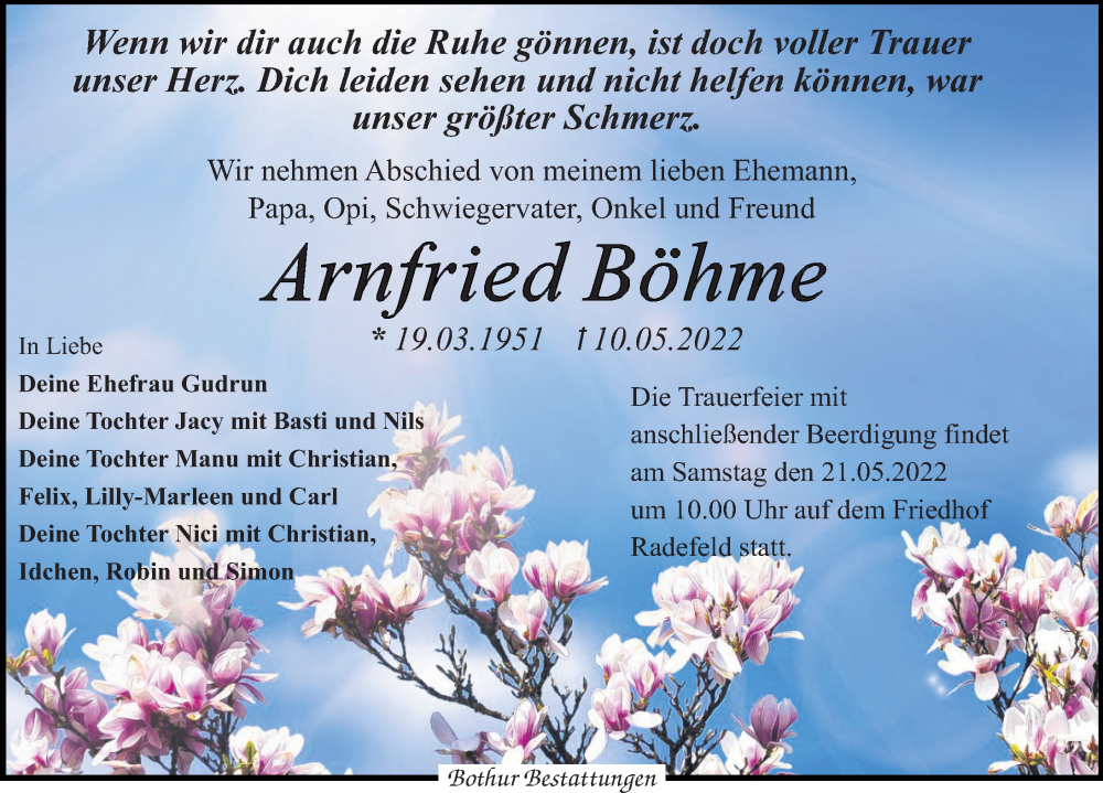  Traueranzeige für Arnfried Böhme vom 14.05.2022 aus Leipziger Volkszeitung