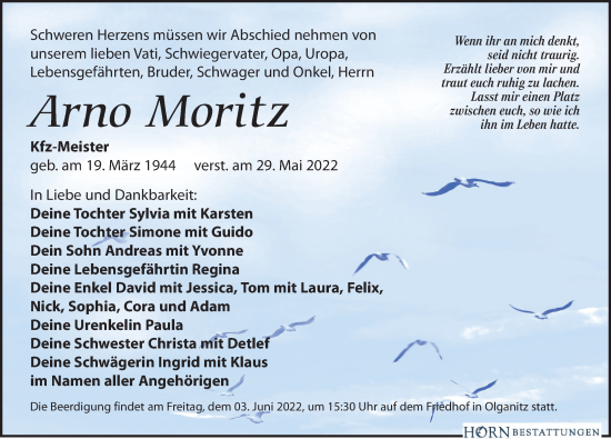 Traueranzeige von Arno Moritz von Leipziger Volkszeitung