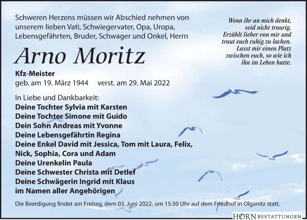  Traueranzeige für Arno Moritz vom 31.05.2022 aus Torgauer Zeitung
