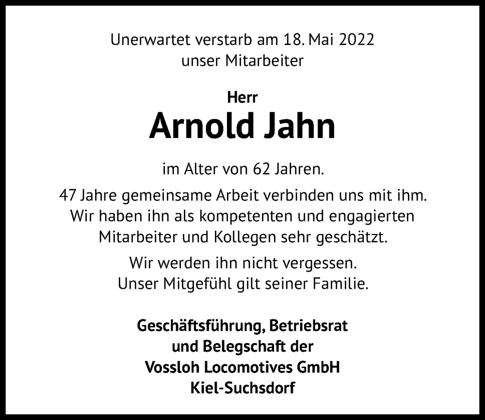  Traueranzeige für Arnold Jahn vom 28.05.2022 aus Kieler Nachrichten