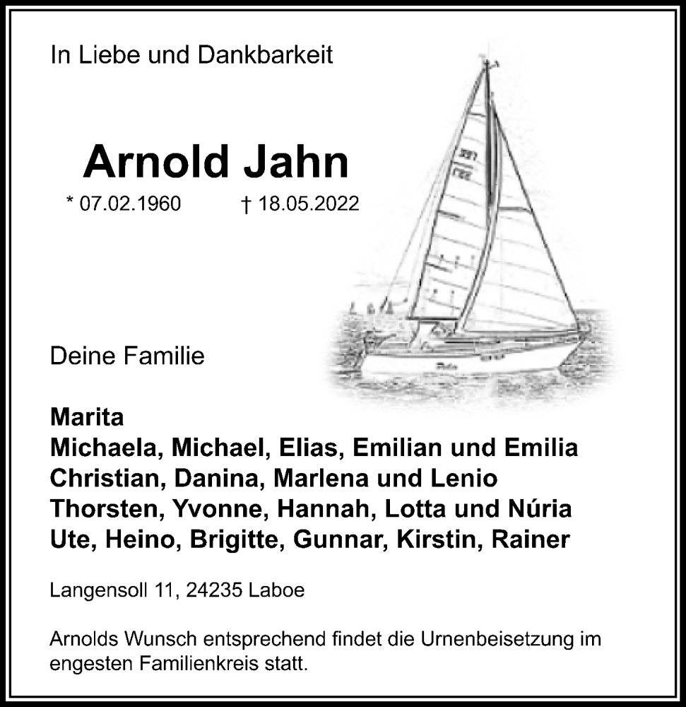  Traueranzeige für Arnold Jahn vom 21.05.2022 aus Kieler Nachrichten