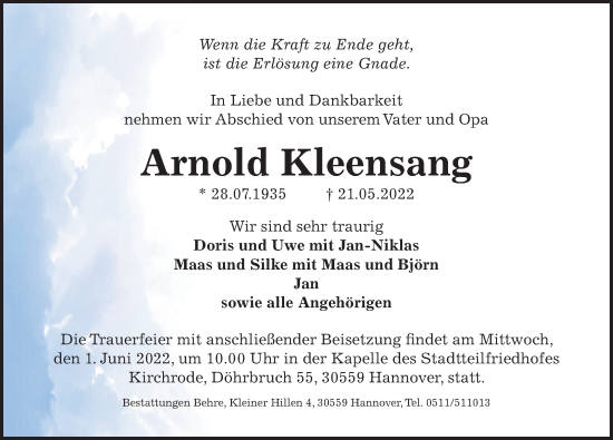 Traueranzeige von Arnold Kleensang von Hannoversche Allgemeine Zeitung/Neue Presse