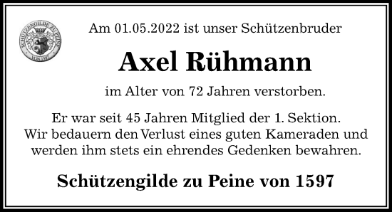 Traueranzeige von Axel Rühmann von Peiner Allgemeine Zeitung
