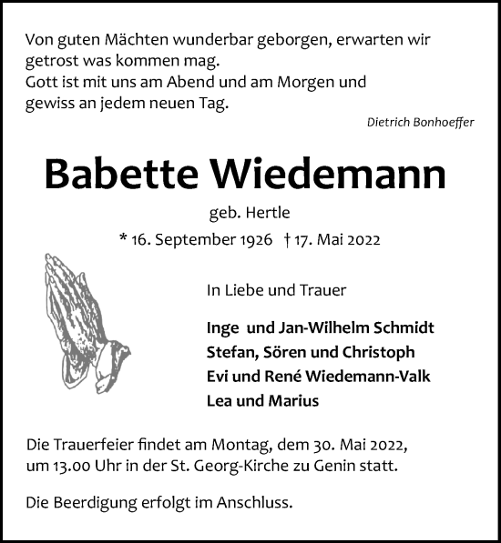 Traueranzeige von Babette Wiedemann von Lübecker Nachrichten