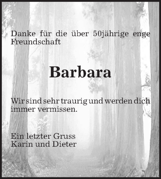 Traueranzeige von Barbara  von Hannoversche Allgemeine Zeitung/Neue Presse