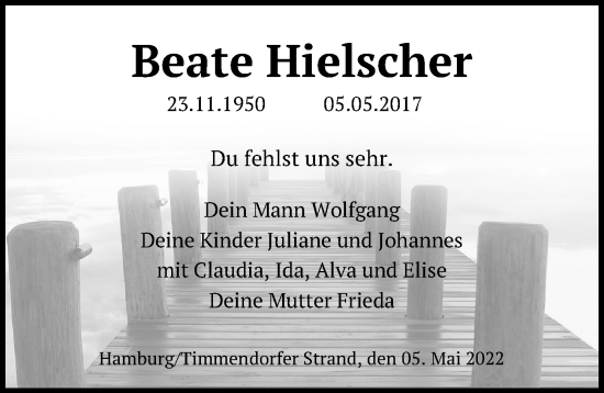 Traueranzeige von Beate Hielscher von Lübecker Nachrichten