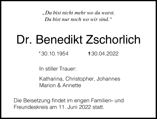 Traueranzeige von Benedikt Zschorlich von Ostsee-Zeitung GmbH