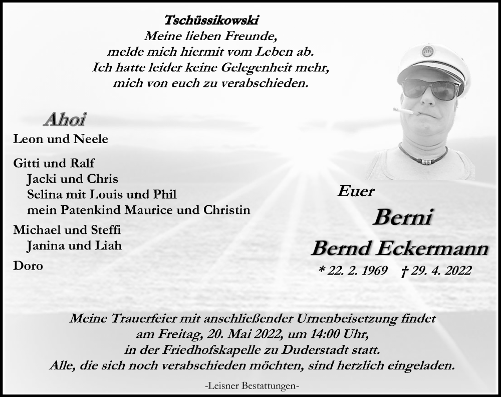  Traueranzeige für Bernd Eckermann vom 14.05.2022 aus Eichsfelder Tageblatt