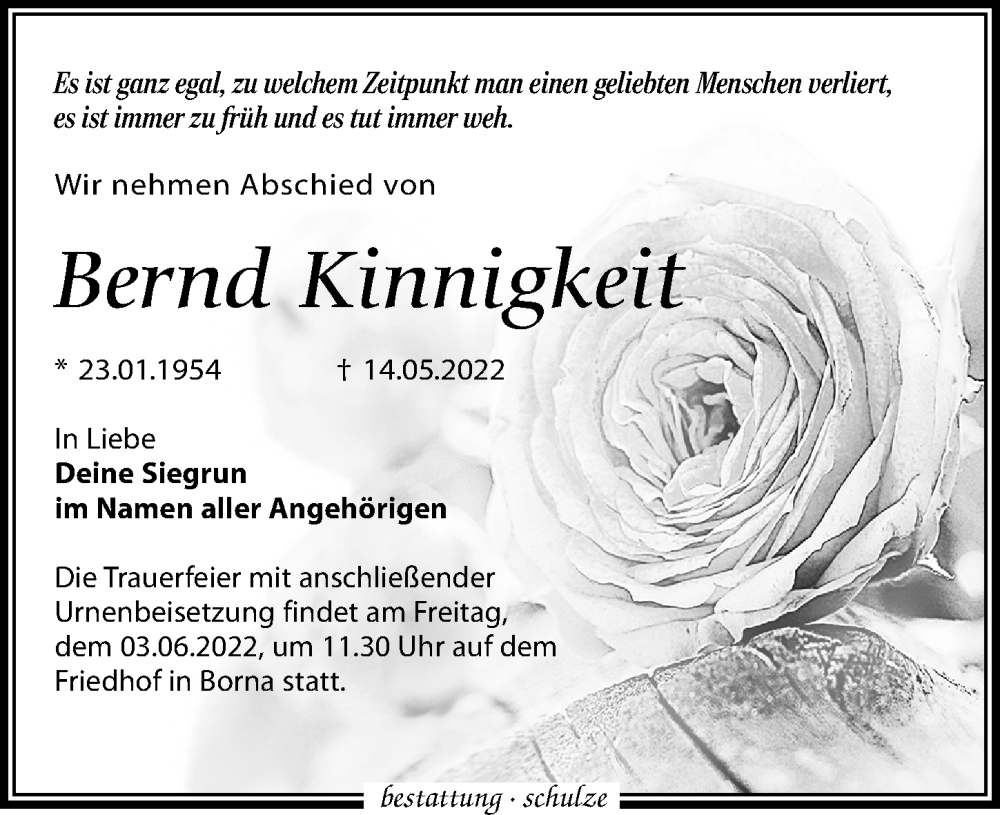  Traueranzeige für Bernd Kinnigkeit vom 21.05.2022 aus Leipziger Volkszeitung