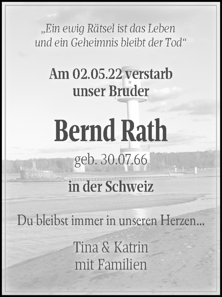  Traueranzeige für Bernd Rath vom 14.05.2022 aus Kieler Nachrichten