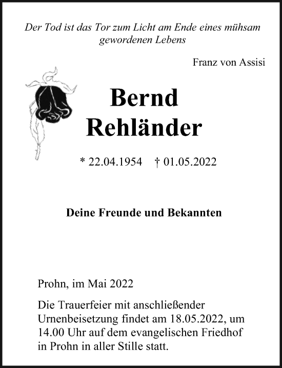 Traueranzeige von Bernd Rehländer von Ostsee-Zeitung GmbH