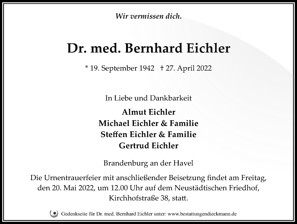  Traueranzeige für Bernhard Eichler vom 07.05.2022 aus Märkischen Allgemeine Zeitung
