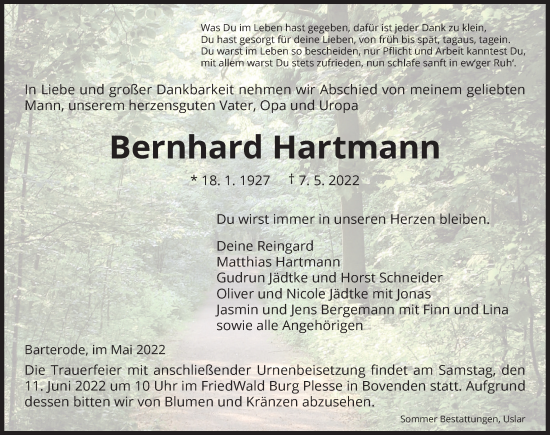 Traueranzeige von Bernhard Hartmann von Göttinger Tageblatt