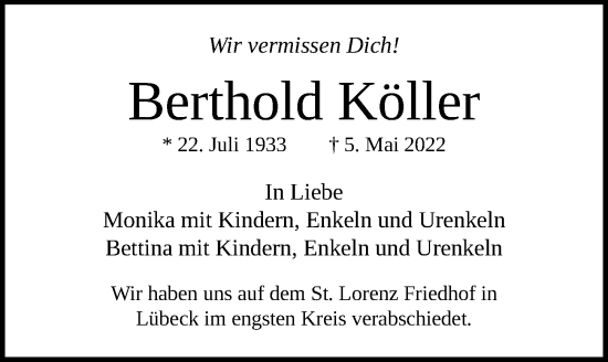 Traueranzeige von Berthold Köller von Lübecker Nachrichten