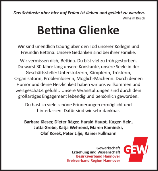 Traueranzeige von Bettina Glienke von Hannoversche Allgemeine Zeitung/Neue Presse
