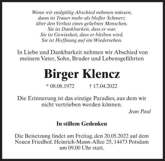 Traueranzeige von Birger Klencz von Märkischen Allgemeine Zeitung