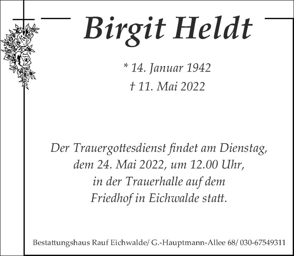  Traueranzeige für Birgit Heldt vom 14.05.2022 aus Märkischen Allgemeine Zeitung
