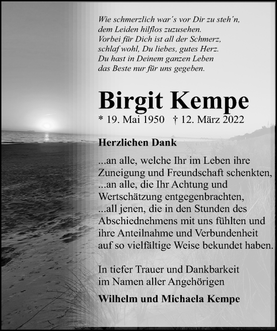 Traueranzeige von Birgit Kempe von Ostsee-Zeitung GmbH