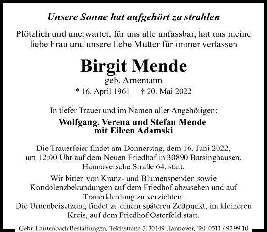 Traueranzeige von Birgit Mende von Hannoversche Allgemeine Zeitung/Neue Presse