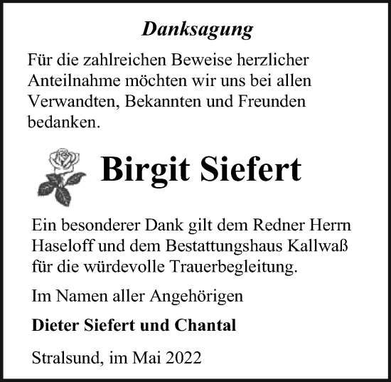 Traueranzeige von Birgit Siefert von Ostsee-Zeitung GmbH