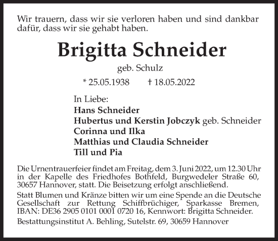 Traueranzeige von Brigitta Schneider von Hannoversche Allgemeine Zeitung/Neue Presse