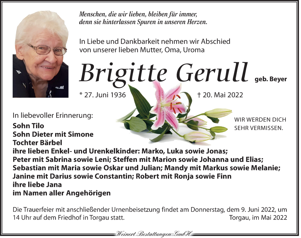 Traueranzeige für Brigitte Gerull vom 28.05.2022 aus Torgauer Zeitung