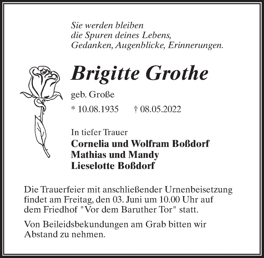  Traueranzeige für Brigitte Grothe vom 14.05.2022 aus Märkischen Allgemeine Zeitung