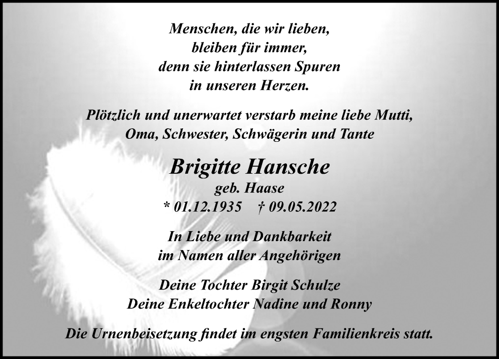  Traueranzeige für Brigitte Hansche vom 14.05.2022 aus Märkischen Allgemeine Zeitung