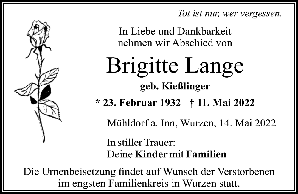  Traueranzeige für Brigitte Lange vom 14.05.2022 aus Leipziger Volkszeitung