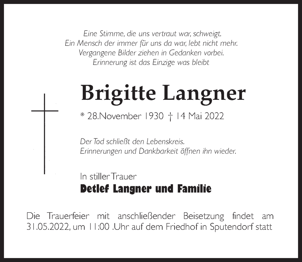  Traueranzeige für Brigitte Langner vom 21.05.2022 aus Märkischen Allgemeine Zeitung