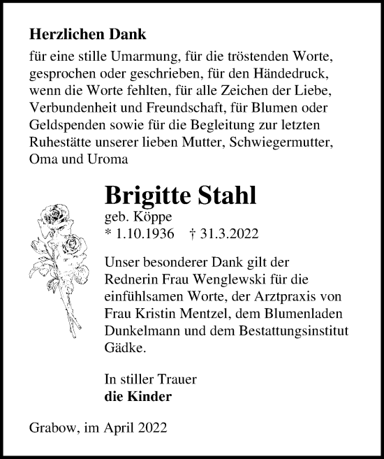 Traueranzeige von Brigitte Stahl von Märkischen Allgemeine Zeitung