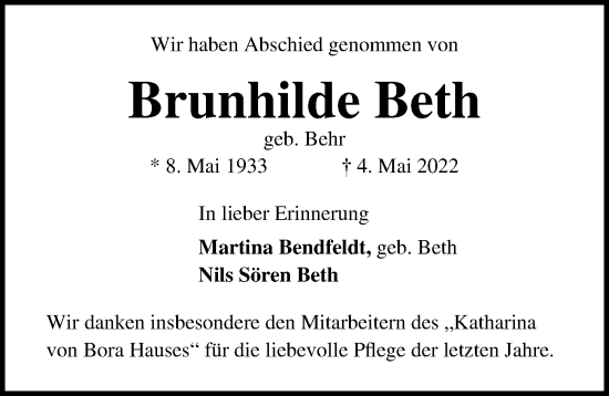 Traueranzeige von Brunhilde Beth von Lübecker Nachrichten
