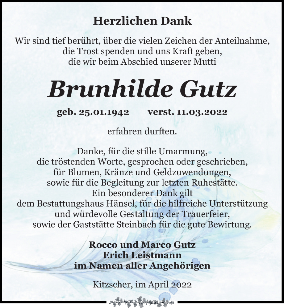  Traueranzeige für Brunhilde Gutz vom 07.05.2022 aus Leipziger Volkszeitung