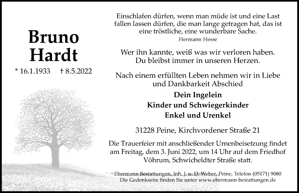  Traueranzeige für Bruno Hardt vom 21.05.2022 aus Peiner Allgemeine Zeitung
