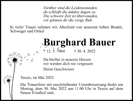 Traueranzeige von Burghard Bauer von Ostsee-Zeitung GmbH