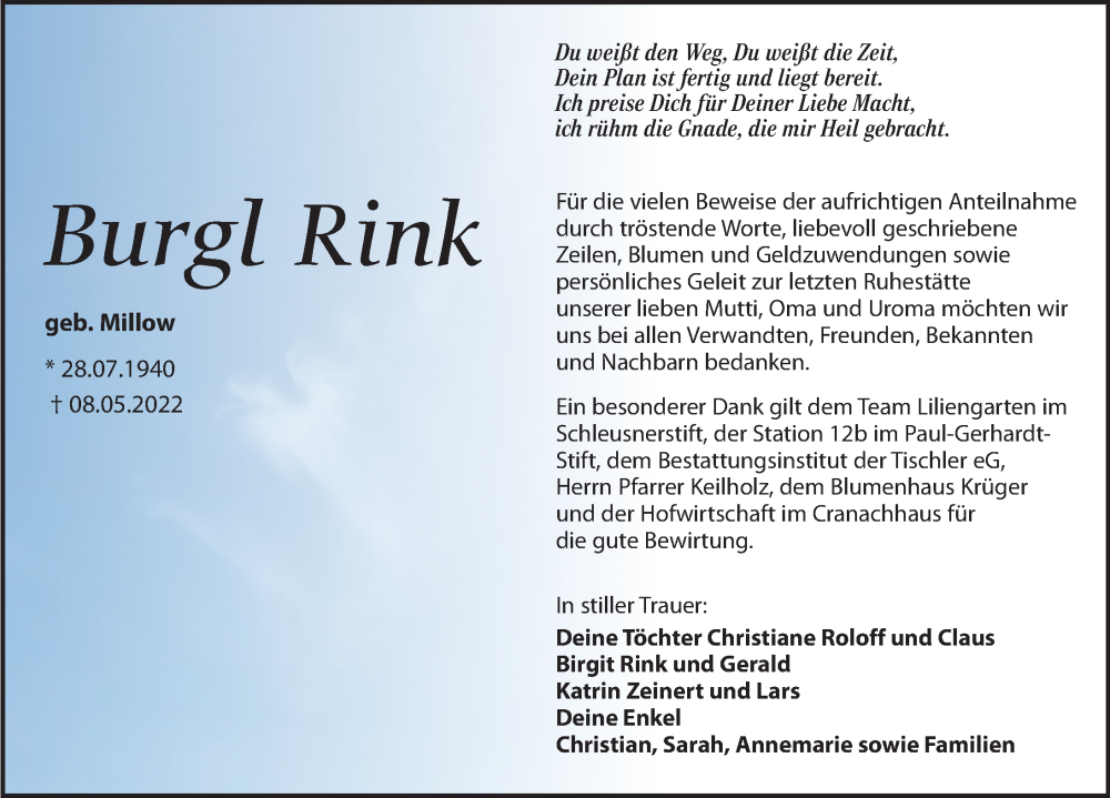 Traueranzeige für Burgl Rink vom 21.05.2022 aus Torgauer Zeitung