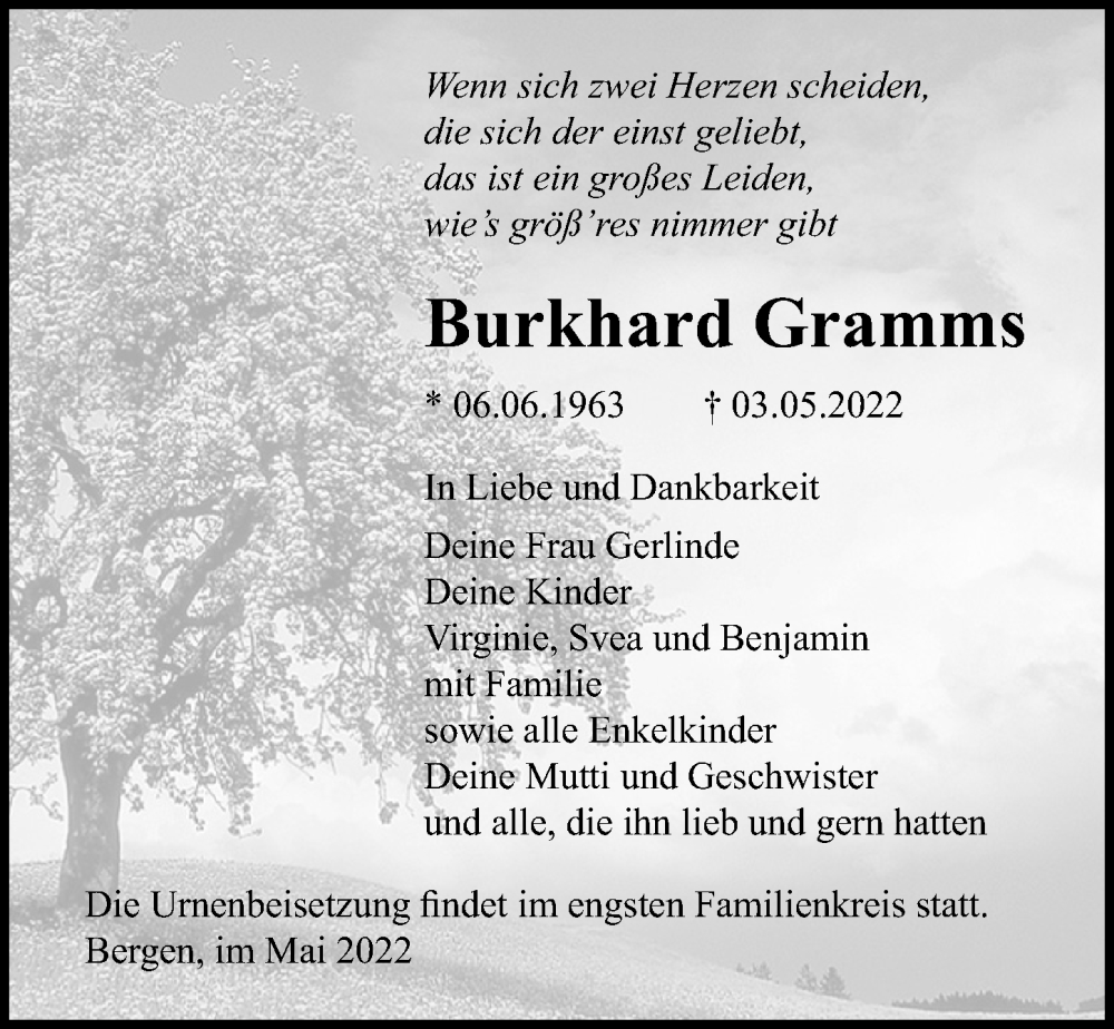  Traueranzeige für Burkhard Gramms vom 07.05.2022 aus Ostsee-Zeitung GmbH