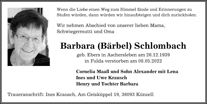  Traueranzeige für Barbara Schlombach vom 14.05.2022 aus 