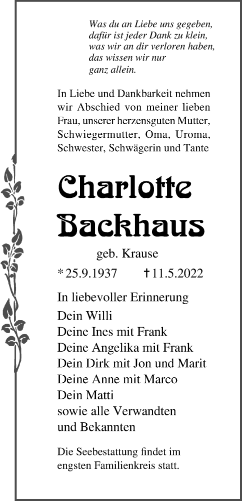  Traueranzeige für Charlotte Backhaus vom 14.05.2022 aus Ostsee-Zeitung GmbH
