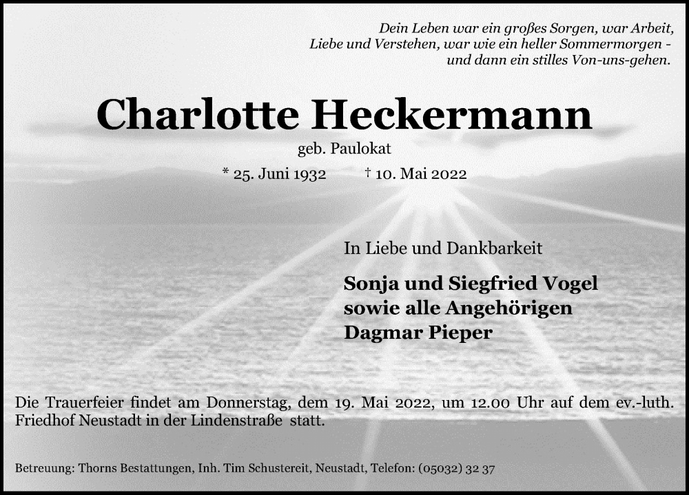  Traueranzeige für Charlotte Heckermann vom 14.05.2022 aus Hannoversche Allgemeine Zeitung/Neue Presse
