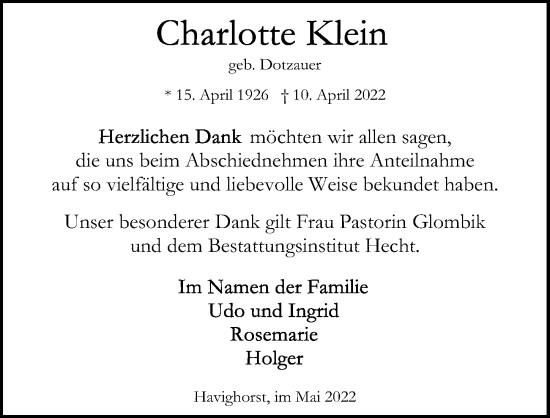 Traueranzeige von Charlotte Klein von Lübecker Nachrichten