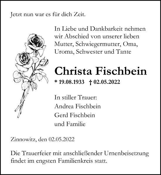Traueranzeige von Christa Fischbein von Ostsee-Zeitung GmbH