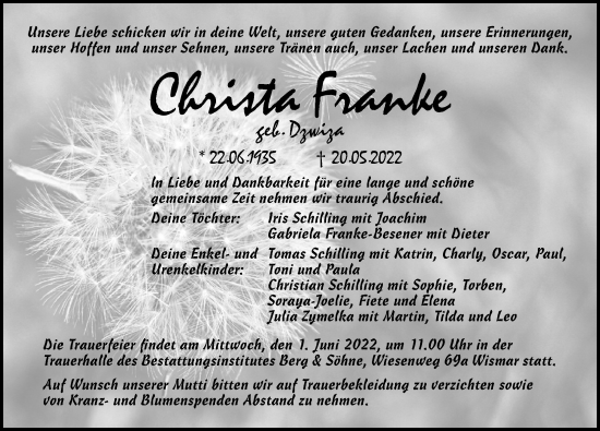 Traueranzeige von Christa Franke von Ostsee-Zeitung GmbH