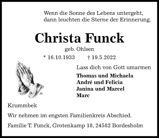 Traueranzeige von Christa Funck von Kieler Nachrichten