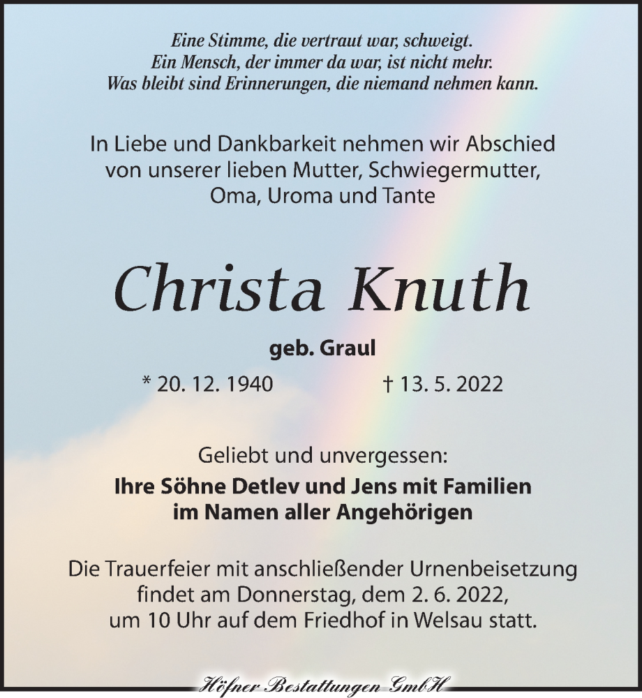  Traueranzeige für Christa Knuth vom 21.05.2022 aus Torgauer Zeitung