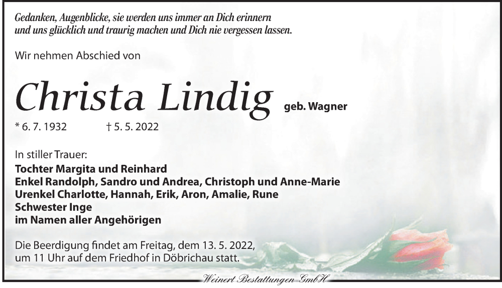  Traueranzeige für Christa Lindig vom 11.05.2022 aus Torgauer Zeitung