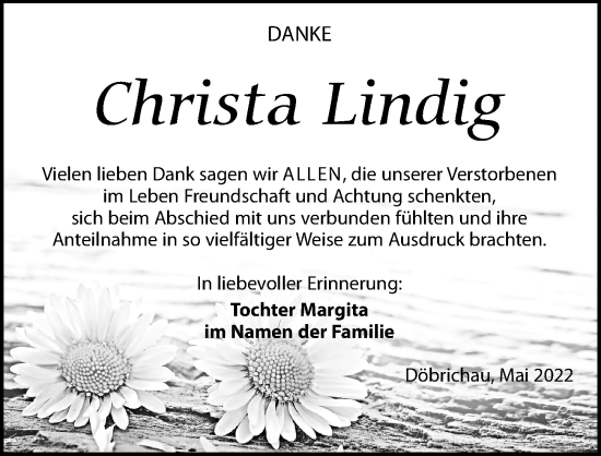 Traueranzeige von Christa Lindig von Torgauer Zeitung